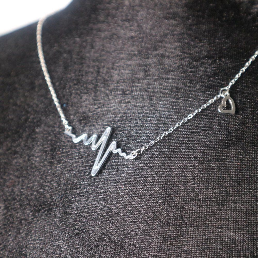 Silver Heart Beat Electrocardiogram Necklace - Picture 2 of 4